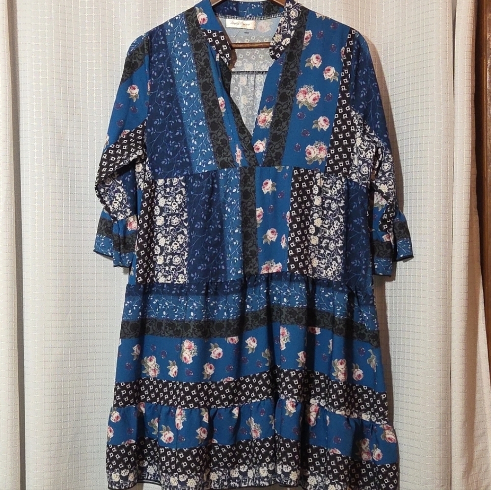 Simply Couture Dress  Womens  L Large Blue Boho 3/4 Sleeves V-Neck Knee Length